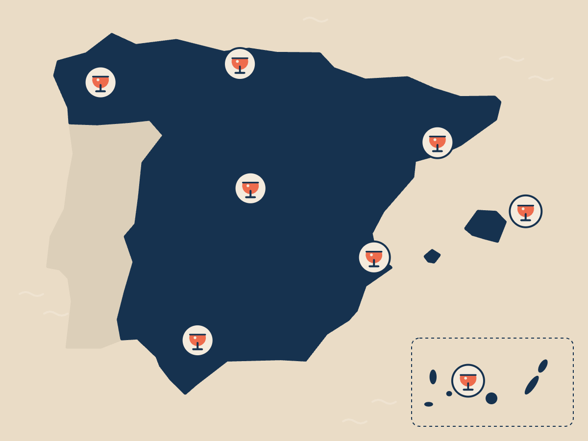 Mapa de España con las regiones donde se elaboran las ginebras del ranking: Galicia, Cataluña, Comunidad Valenciana, Andalucía, Menorca, Canarias, Madrid y Cantabria